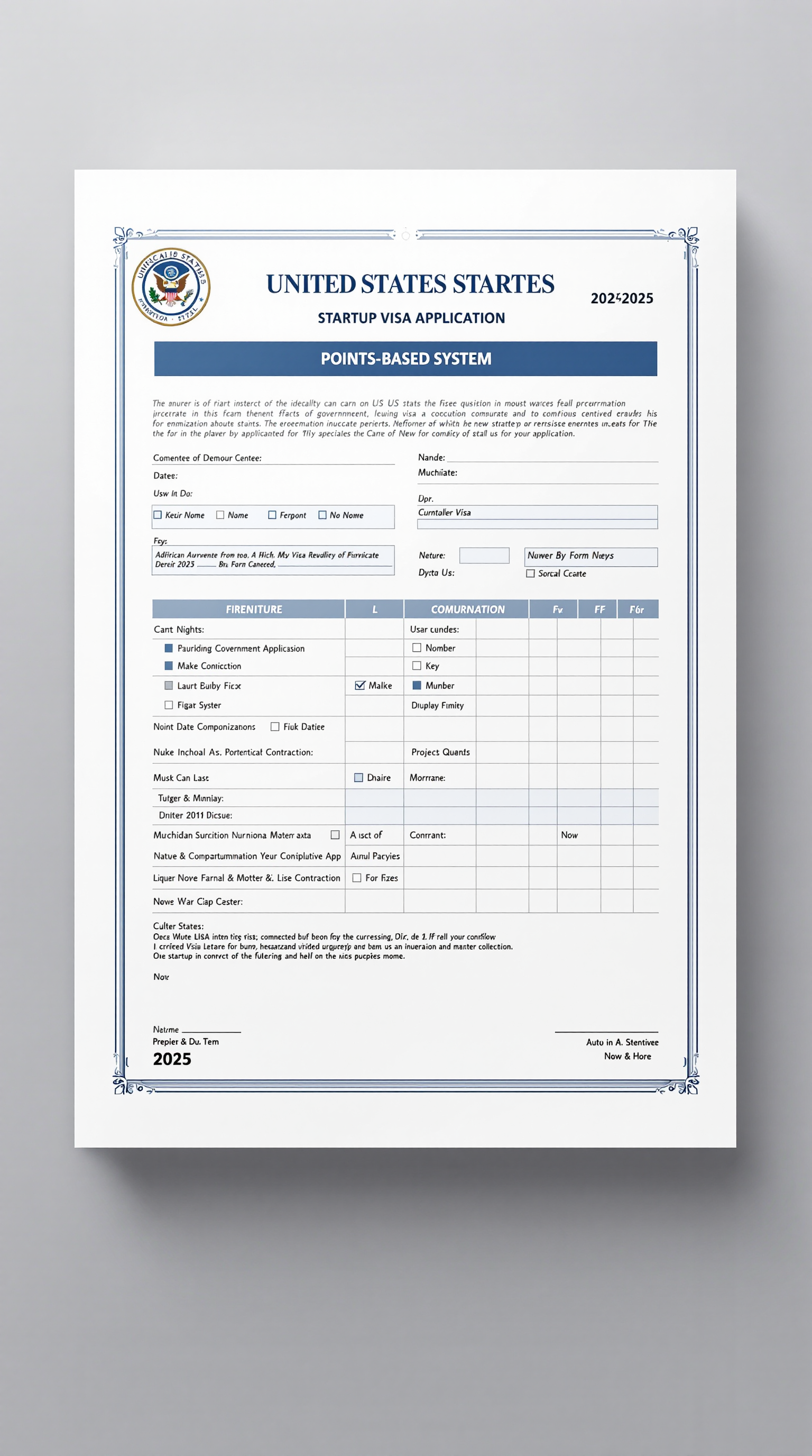 US Startup Visa points calculation worksheet showing the distribution of points across different qualification categories