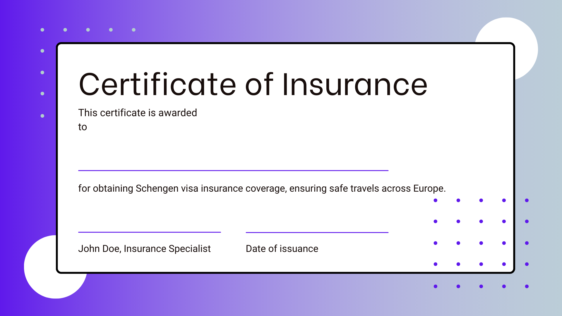 Example of a properly formatted Schengen visa insurance certificate with all required elements highlighted